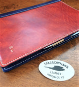 Handmade Leather Journal cover with embossed initials, penholder, British Tan & Royal Blue