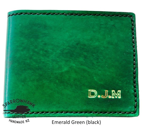 Sparrowhawk Leather custom green mens wallet with intials handmade NZ 