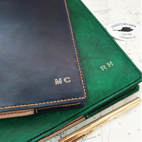 Handmade Leather Diary cover NZ personalised initials Sparrowhawk Leather
