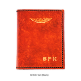Sparrowhawk Leather Personalised NZCAA Pilot Licence & Medical Certificate Wallet. Hand embossed Pilot's wings & initials Hand Dyed British Tan, Black handstitching. Handmade NZ