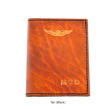 Sparrowhawk Leather NZCAA Pilot Licence & Medical Certificate Wallet personalised initials Tan with Black handstitching. Handmade NZ