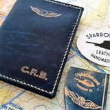 Sparrowhawk Leather NZCAA Pilot Licence & Medical Certificate Wallet personalised initials French Navy Handmade NZ