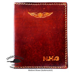 Sparrowhawk Leather NZCAA Pilot Licence & Medical Certificate Wallet personalised initials Brown with butterscotch handstitiching. Handmade NZ