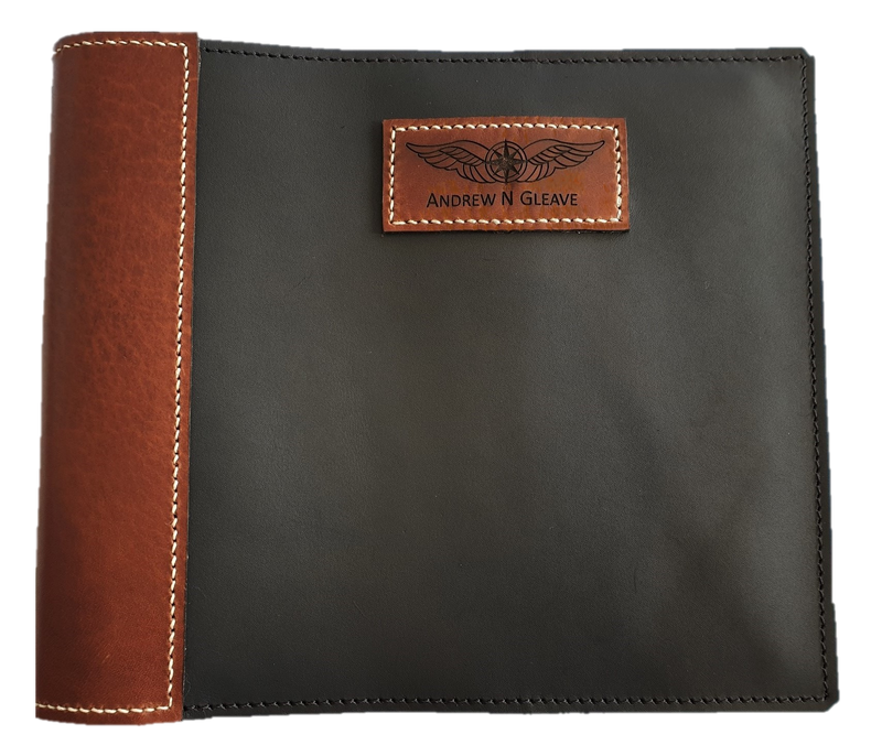 FAA (US) Pilot Logbook Cover COM- black & whisky aniline, laser engraved wings & name patch