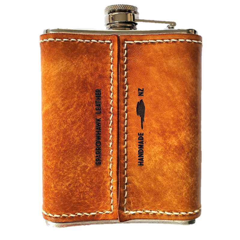 Sparrowhawk Leather's Leather Covered Hipflask in Tan Leather (hand dyed) back view