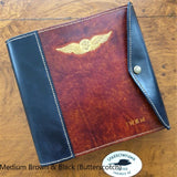Pilot Logbook Cover - wrap closure, 2 colour spine / front, carved wings /embossed initials