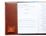 Pilot Logbook Cover - book closure, whisky aniline leather, laser engraved wings & name