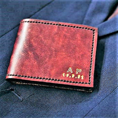 Treasured grooms gift mens wallet handmade initials date Sparrowhawk Leather NZ