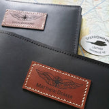 Pilot Logbook Cover - book closure, black aniline, laser engraved wings & name patch