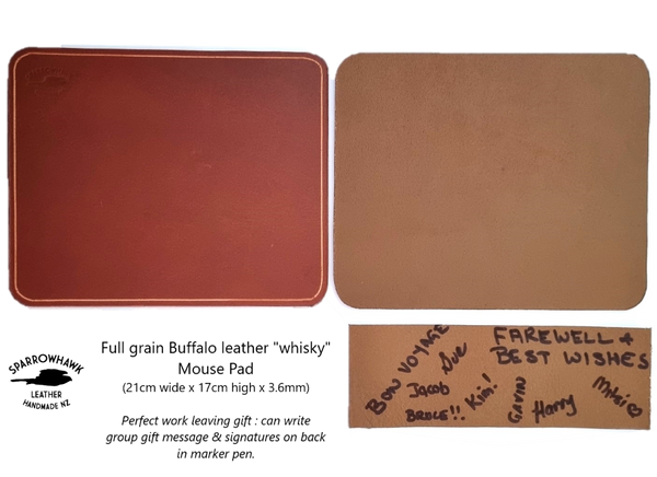 Full grain leather mousemat, affordable office leaving gift, write Farewell Messages on underside, handmade in NZ by Sparrowhawk Leather