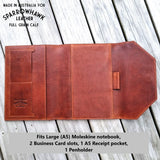 Full grain leather Moleskine Joural cover with pen holder card pockets Sparrowhawk Leather NZ