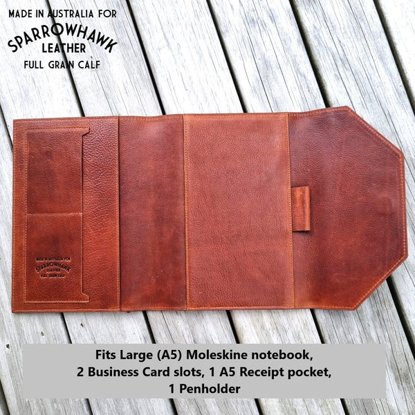 Hawk Moleskine Notebook Folio cover 100% full grain leather wrap closure penholder business card pockets made in Australia whisky leather