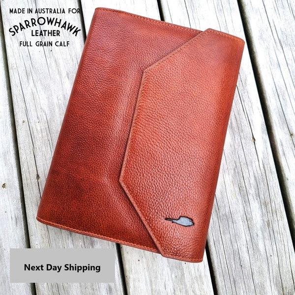 Hawk Full Grain leather Notebook cover wiith penholder and business cards Made in Australia  for Sparrowhawk Leather