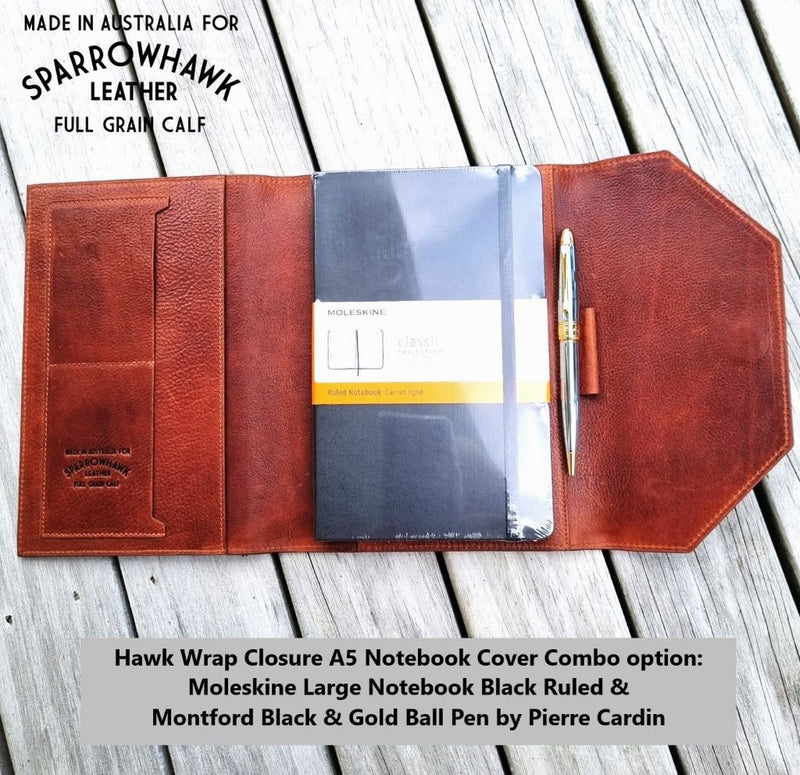 Whisky full grain calf leather notebook cover with silver pen Hawk by Sparrowhawk Leather NZ