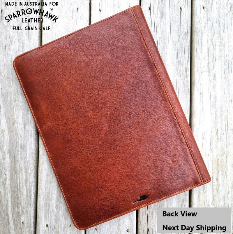A4 Full Grain Leather Portfolio NZ Business Gift for professionals Leather Compendium NZ fits A4 Writing Pad and most IPad Tablets for business meeting Sparrowhawk Leather NZ. 