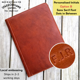 Hawk full grain luxury leather portfolio, perfect business accessory, embossed with initials with a choice of two fonts. Sparrowhawk Leather NZ.   