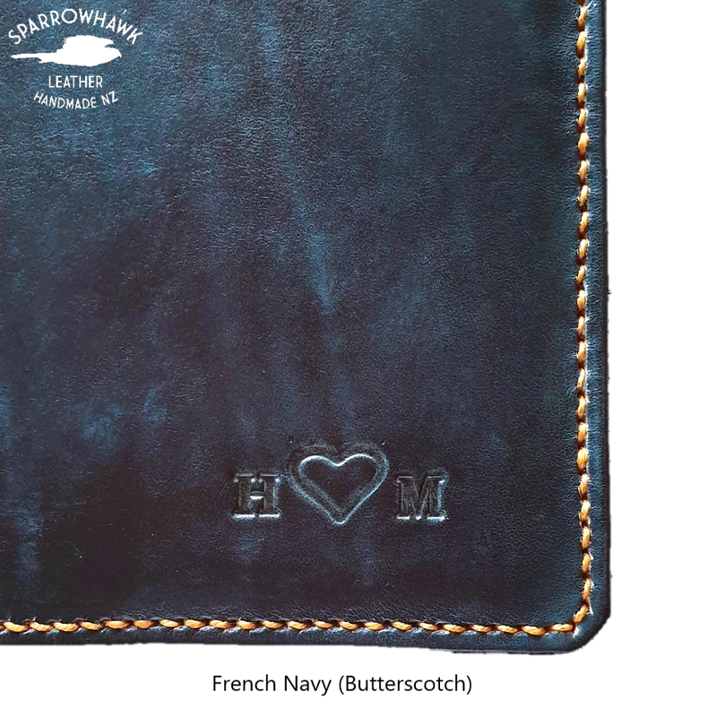 Wedding or Leather anniversary gift for her intials and heart embossed leather journal moleskine cover handmade NZ Sparrowhawk Leather