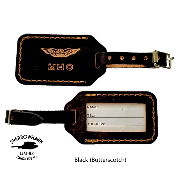 leather luggage tag NZ personalised initials travel gift handmade NZ Sparrowhawk Leather