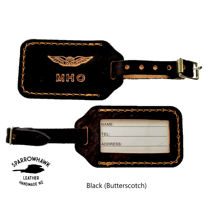 Pilot leather bag tag personalised initials and wings unique Pilot gift handmade NZ Sparrowhawk Leather since 2014