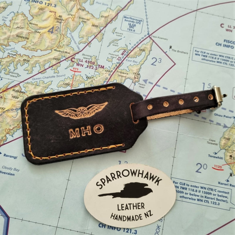 Pilots gift Personalised leather luggage tag Pilots Wings and initials robust full grain leather Sparrowhawk Leather handmade NZ since 2014