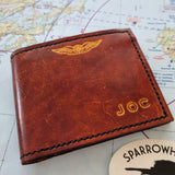 Pilot wallet brown personalised initials and wings dual currency cards handmade Sparrowhawk Leather NZ since 2014  