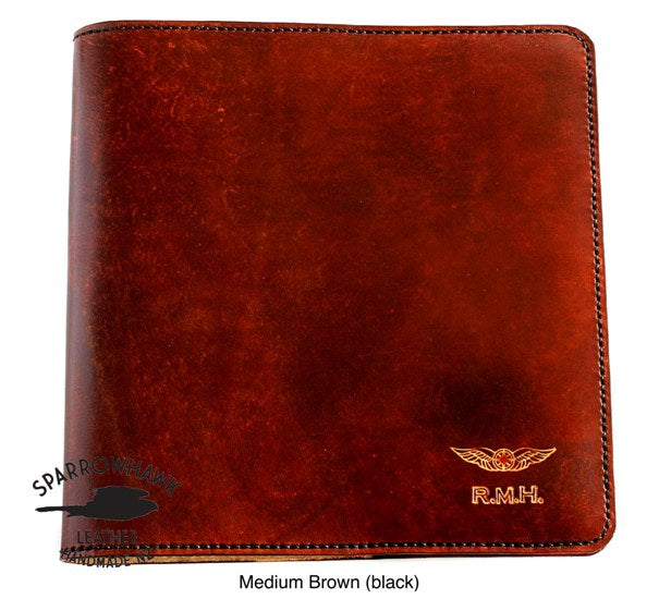 Air Services or ATC Australia Pilot Logbook Cover medium brown initials wings hand made full grain leather Sparrowhawk Leather