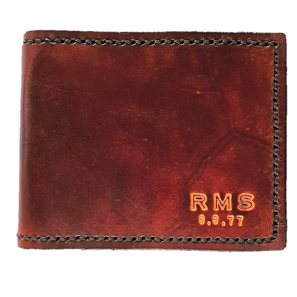 Sparrowhawk leather handmade NZ brown anniversary mens wallet with initials and date