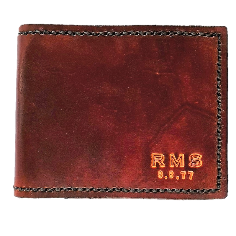 Sparrowhawk leather handmade NZ brown anniversary mens wallet with initials and date