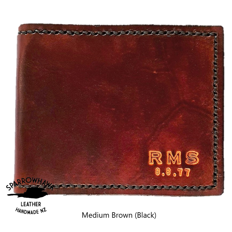 Sparrowhawk Handmade NZ mens brown wallet monogram date gift handmade NZ