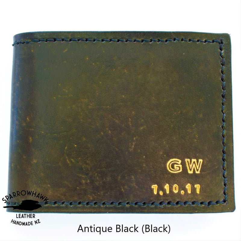 Anninversary Mens Black wallet embossed intials date Hand Made in NZ Sparrowhawk leather