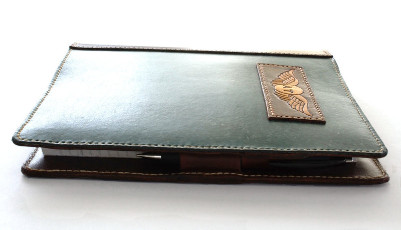 NZCAA Pilot Logbook Cover - book closure, 2 colour spine / front, carved wings /embossed initials