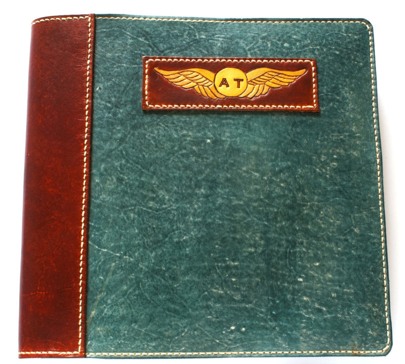 Pilot Logbook Cover - book closure, 2 colour spine / front, carved wings /embossed initials
