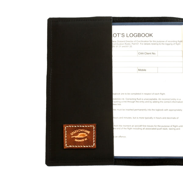 NZCAA Pilot Logbook Cover - black aniline, laser engraved wings & name patch