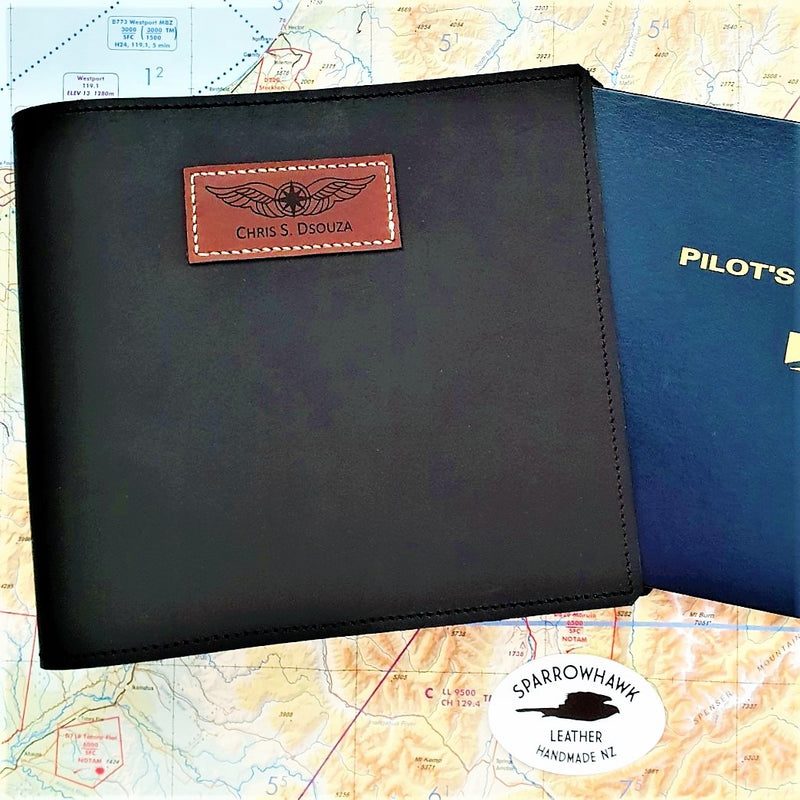 CASA (Australia) Pilot Logbook Cover (ATC or AirServices) - Black Aniline Leather -  Name & Wings