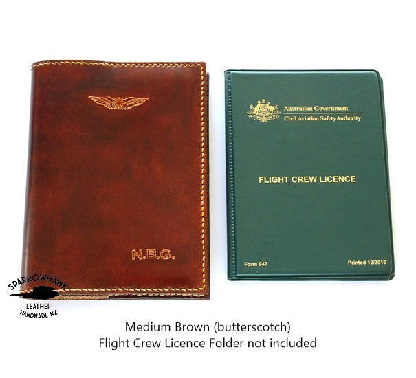 Australian CASA Pilot Licence Holder Leather Brown Initials Sparrowhawk 