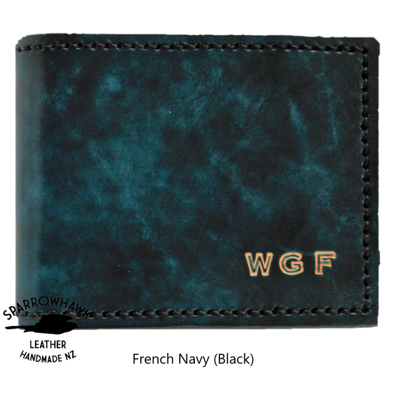 Mens wallet gift handmade Navy wallet with initials coin pocket Sparrowhawk Leather NZ 