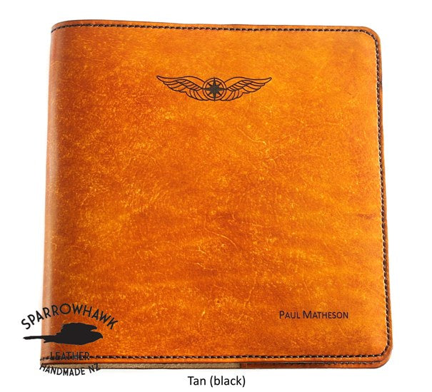 NZCAA Pilot Logbook Cover - book closure, 1 colour, laser engraved wings & name