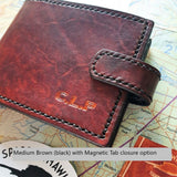 Brown Mens leather wallet initials tab closure hand made NZ Sparrowhawk Leather