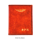 Sparrowhawk Leather Personalised NZCAA Pilot Licence & Medical Certificate Wallet. Hand embossed Pilot's wings & initials Hand Dyed British Tan, Black handstitching. Handmade NZ 