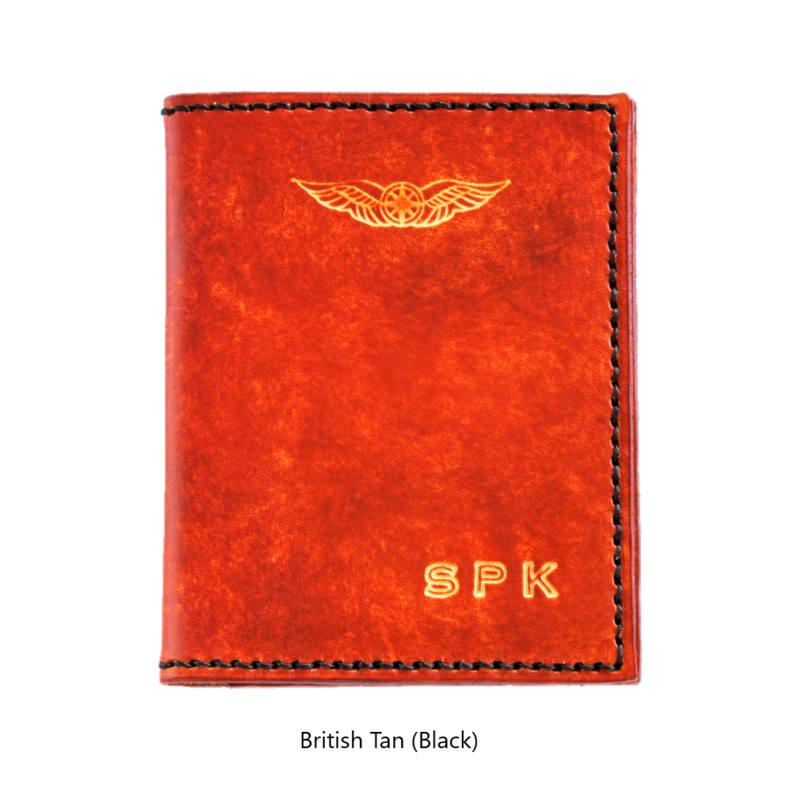 Sparrowhawk Leather Personalised NZCAA Pilot Licence & Medical Certificate Wallet. Hand embossed Pilot's wings & initials Hand Dyed British Tan, Black handstitching. Handmade NZ 