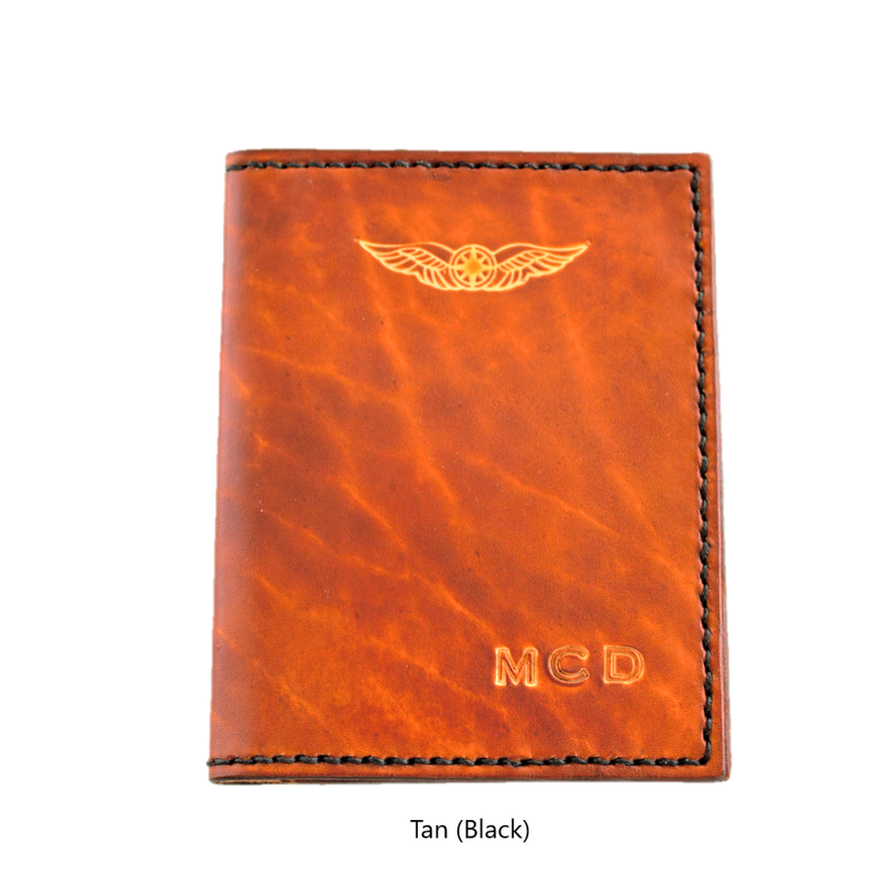 Sparrowhawk Leather NZCAA Pilot Licence & Medical Certificate Wallet personalised initials Tan with Black handstitching. Handmade NZ 