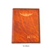 Sparrowhawk Leather NZCAA Pilot Licence & Medical Certificate Wallet personalised initials Tan with Black handstitching. Handmade NZ 