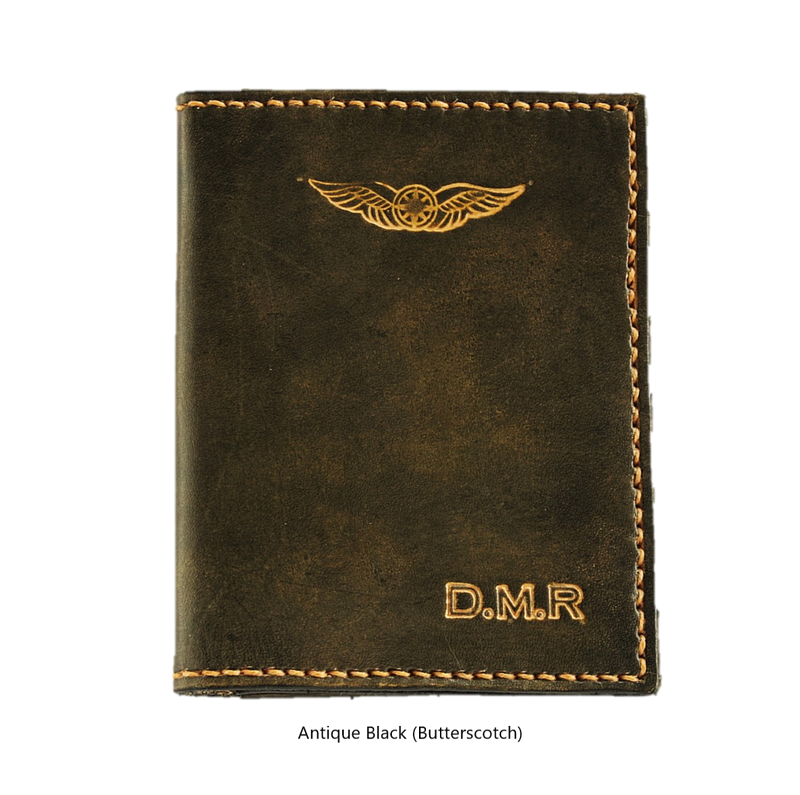 Sparrowhawk Leather Black NZCAA Pilot Licence & Medical Certificate Wallet personalised initials. Coordinates wit Sparrowhawk Leather Nubuck Pilot Logbook Cover. Handmade NZ 