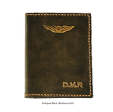 Sparrowhawk Leather Black NZCAA Pilot Licence & Medical Certificate Wallet personalised initials. Coordinates wit Sparrowhawk Leather Nubuck Pilot Logbook Cover. Handmade NZ 