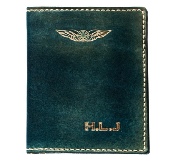 Personalised NZCAA Pilot Licence Wallet with Medical Certidicate slot. Handmade NZ personalised initials French Navy Sparrowhawk Leather for Pilots 
