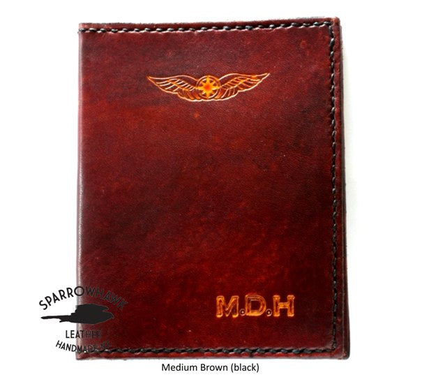 Brown personalised, Leather NZCAA Pilot Licence & Medical Certificate Wallet. Perfect Pilot Graduation Gift.  Intials monogram. Handmade NZ Sparrowhawk Leather 