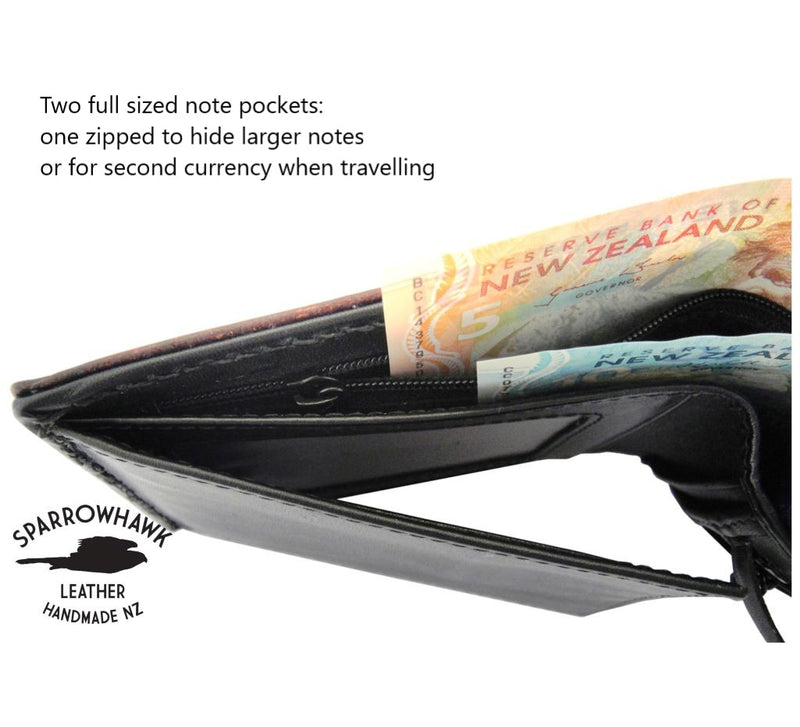 Sparrowhawk leather NZ dual note pocket slot black calf leather inside handmade wallet NZ