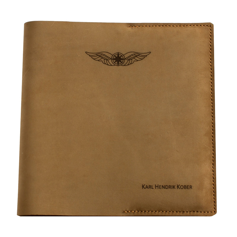 Pilot Logbook Cover - book closure, mocha nubuck, laser engraved wings & name