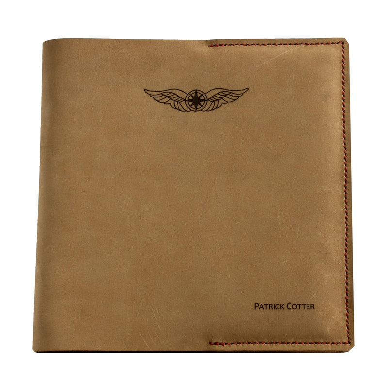 Pilot Logbook Cover - book closure, mocha nubuck, laser engraved wings & name