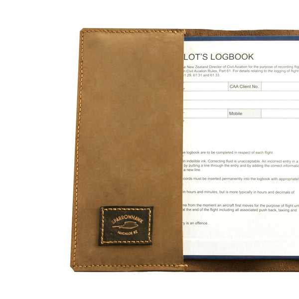 NZCAA Pilot Logbook Cover - mocha nubuck, laser engraved wings & name